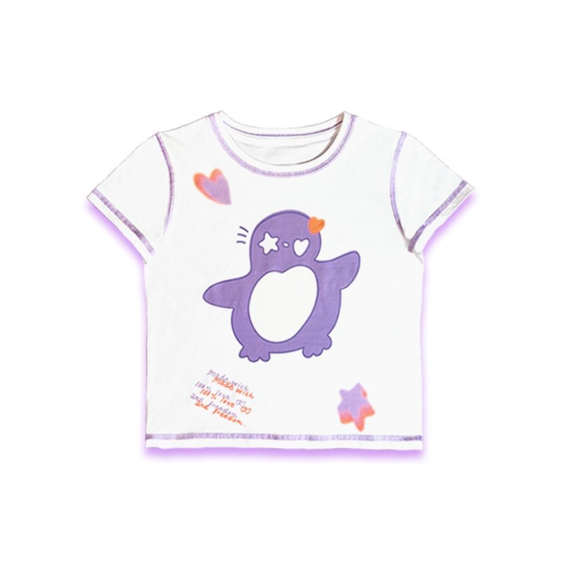 原創設計企鵝印花明線縫合短款T恤 - 女 T 恤 - 棉．麻 白色