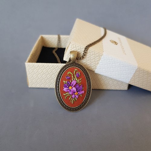 Embroidery Dreams Ribbon embroidered pendant for her, embroidery jewelry necklace violets