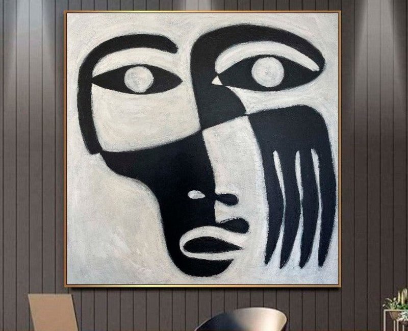 Abstract Figurative Black And White Face On Canvas Creative Painting Minimalist - 壁貼/牆壁裝飾 - 壓克力 多色