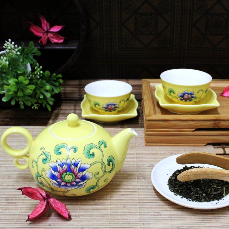 手繪黃地番蓮茶組 - 其他杯子 - 瓷 