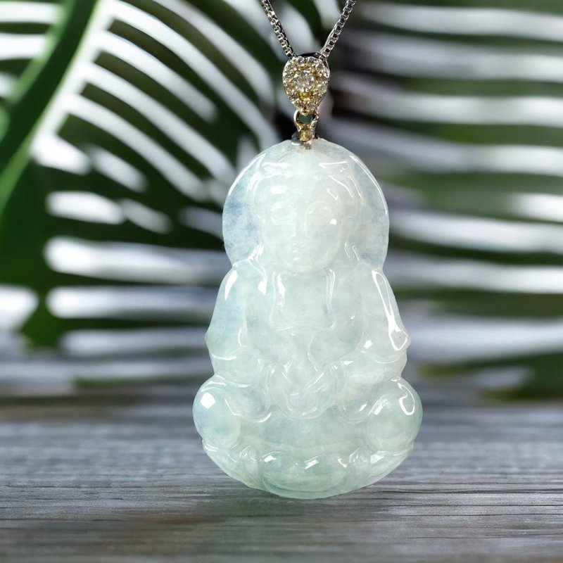 [Mother's Day Special] Ice Floating Flowers Jade Avalokite Guanyin Bodhisattva Necklace 925 Sterling Silver Pendant - Necklaces - Jade Multicolor