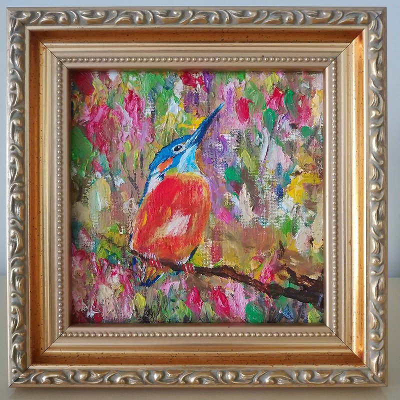 Kingfisher Among Flowers/Original Thick Pile Oil Painting/Unique - ของวางตกแต่ง - ผ้าฝ้าย/ผ้าลินิน 