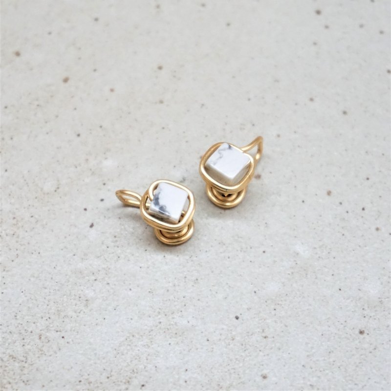 << Gold Frame Ear Clips - White Turquoise >> 4mm Square White Turquoise (Another Ear Style) - Earrings & Clip-ons - Semi-Precious Stones White