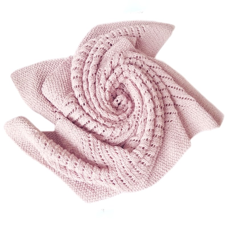 Hand Knitted Pink Baby Blanket with Delicate Lace Pattern and Silky Texture. - Bedding - Cotton & Hemp Pink