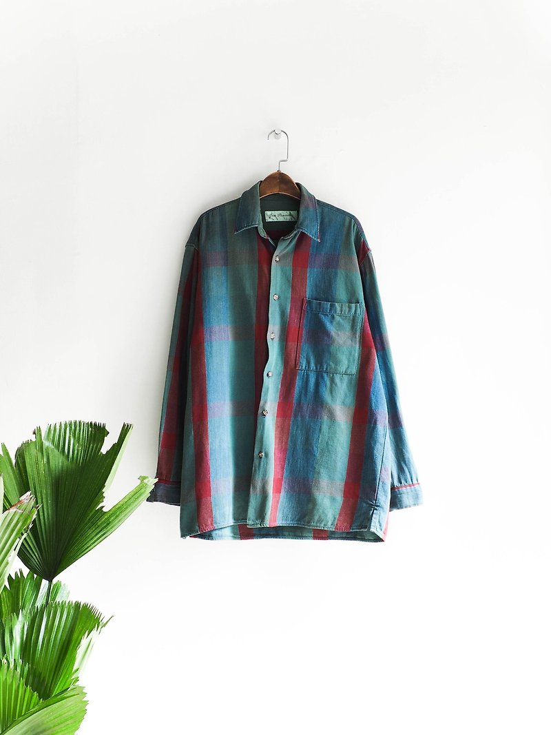 River Hill - Rational's lawn quicksand Plaid Shirt Jacket tannins antique vintage neutral shirt oversize vintage - เสื้อเชิ้ตผู้หญิง - ผ้าฝ้าย/ผ้าลินิน สีเขียว