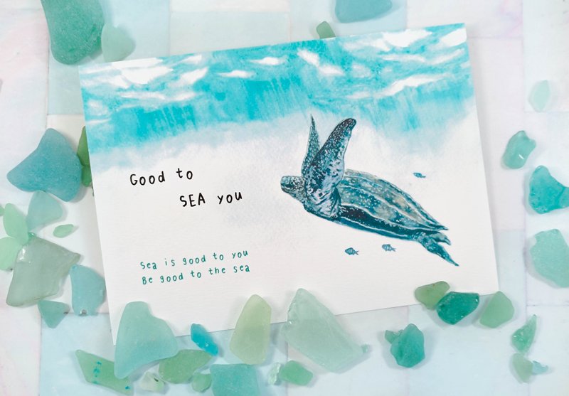 Watercolor leather turtle Good to SEA you postcard - การ์ด/โปสการ์ด - กระดาษ สีน้ำเงิน