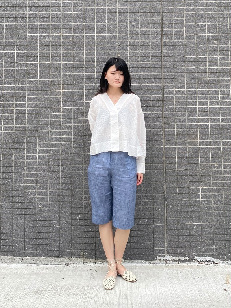 上壓織帶直筒褲-微瑕 - 女短褲/五分褲 - 棉．麻 藍色