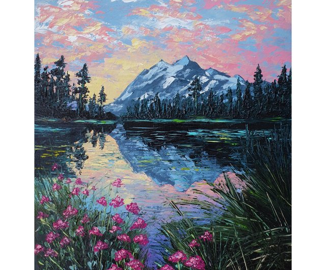 山の絵 湖 オリジナルアート 夕日のアートワーク 風景インパストの絵