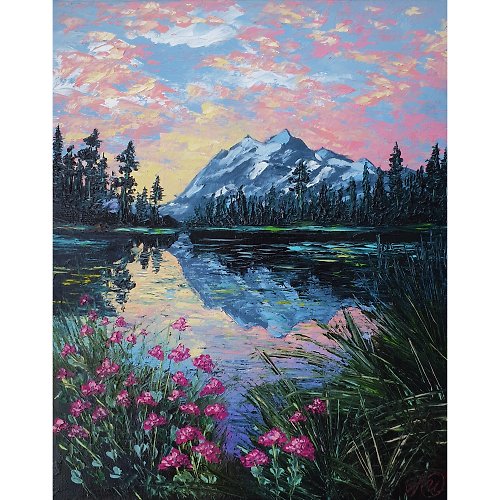 IllaUartGallery Mountain Painting Lake Original Art Sunset Artwork Landscape Impasto Painting
