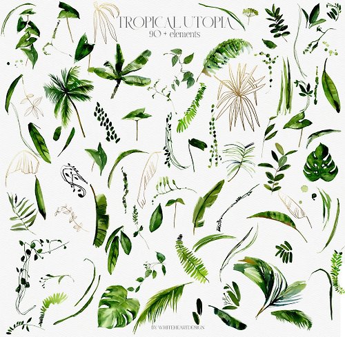 Whiteheartdesign Tropic Greenery Watercolor Floral Clipart Green Tropical Leaves Elements