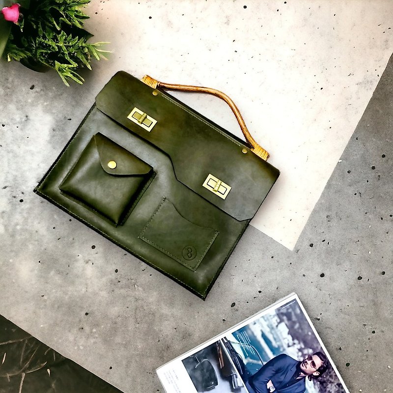 Leather Cowhide Hand-stitched Bamboo Briefcase/Handbag/Side Backpack-Lucky Green - กระเป๋าแมสเซนเจอร์ - หนังแท้ สีเขียว