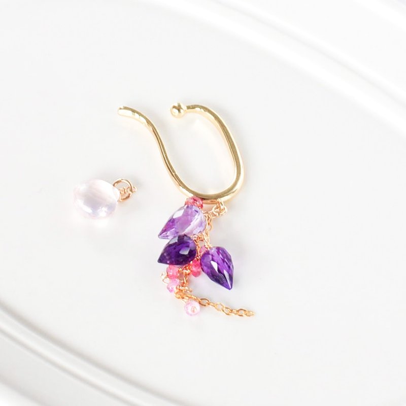 14kgf/Natural stone ear cuff/rose quartz x amethyst budflower x pink sapphire 2WAY - ต่างหู - เครื่องเพชรพลอย สึชมพู