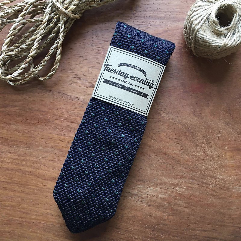Knitted Neck Tie Navy Blue Green Grass - Ties & Tie Clips - Polyester Blue