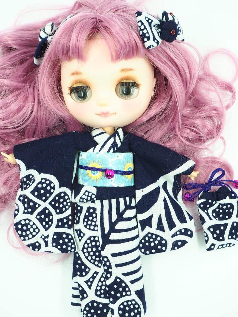 Yukata for dolls (Middie Blythe size) - ตุ๊กตา - ผ้าฝ้าย/ผ้าลินิน สีน้ำเงิน