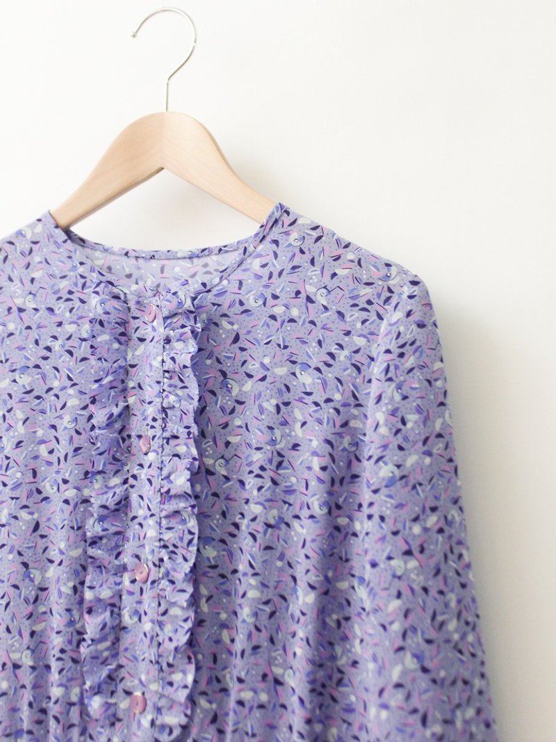 復古早春日本製可愛甜美紫色小碎花寬鬆長袖古著洋裝VintageDress - 連身裙 - 聚酯纖維 紫色
