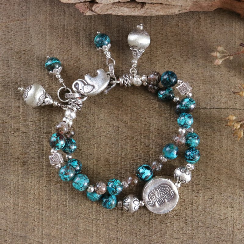 Chrysocolla & Phantom Quartz Elephant Bracelet with Karen Hill Tribe Silver - สร้อยข้อมือ - เงินแท้ สีน้ำเงิน