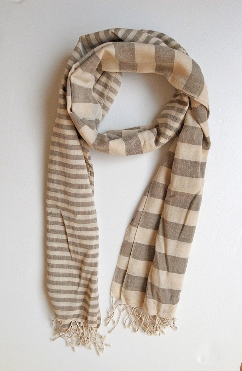 Fair Trade Organic Cotton, Hand woven, Natual Dye Shawl / Scarf Stripe - Knit Scarves & Wraps - Cotton & Hemp Khaki