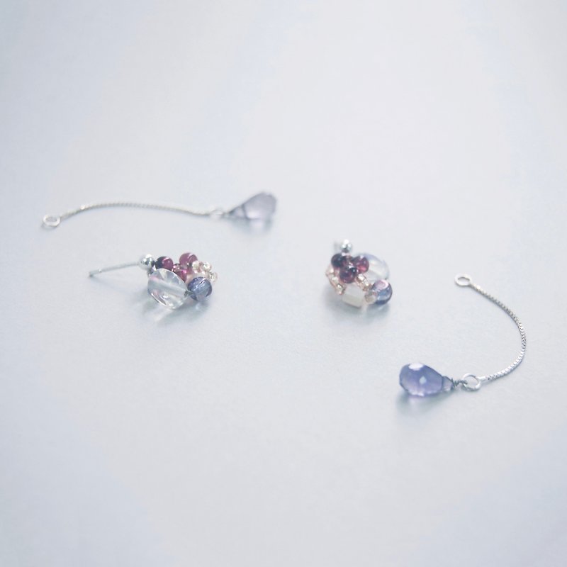 兩戴蛋白石  董青石  水滴純銀耳針耳環 (可配耳夾) - 耳環/耳夾 - 水晶 紫色
