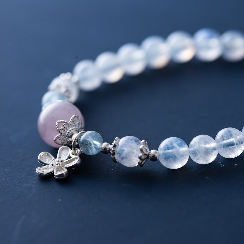 Moonstone, Rose Quartz, Aquamarine 925 Sterling Silver Sakura Crystal Bracelet - สร้อยข้อมือ - คริสตัล สีน้ำเงิน