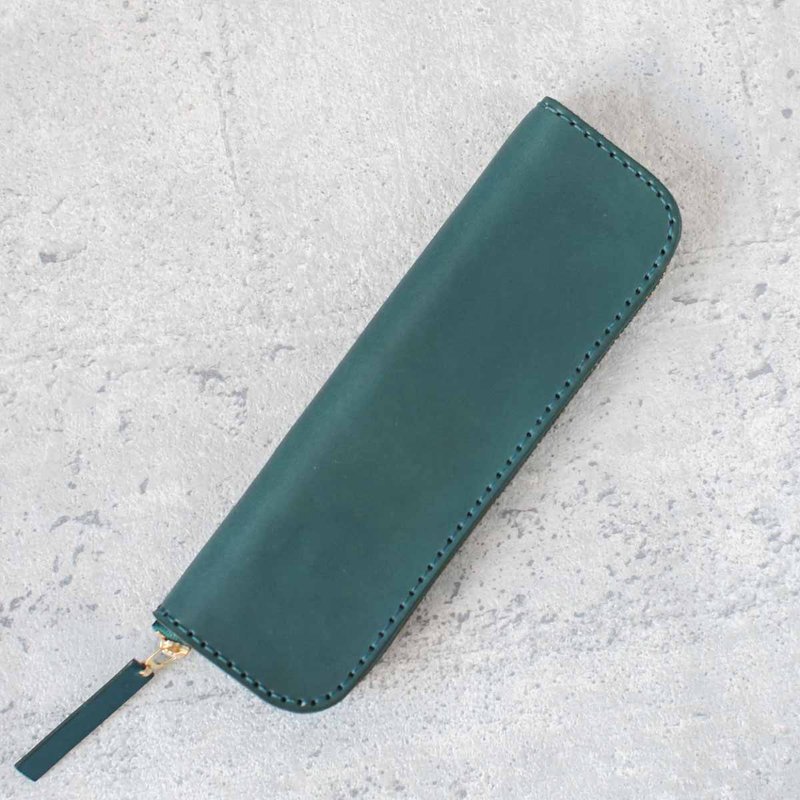 Lake green classic veg-tanned leather pencil case - กล่องดินสอ/ถุงดินสอ - หนังแท้ สีเขียว