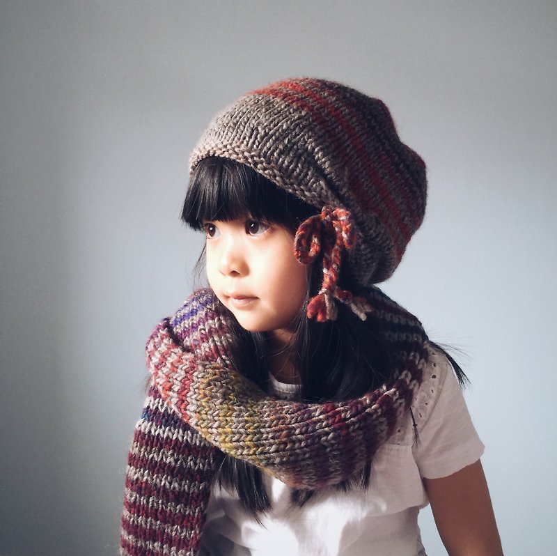 波西米亞漸層條文毛帽 兒童尺寸 (不包含圍巾) - 帽子 - 羊毛 卡其色