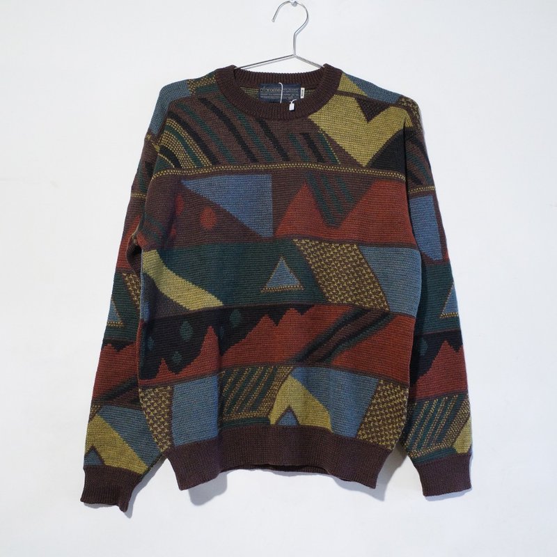 Retro sweater vintage sweater vintage sweater 100% pure wool contrast color geometry R00359 - สเวตเตอร์ผู้ชาย - ขนแกะ หลากหลายสี