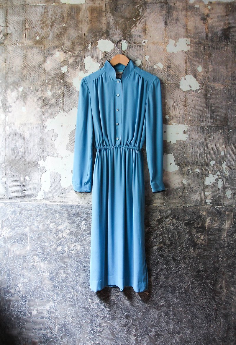 裊裊百貨公司-Vintage 水藍色浮水花紋長袖洋裝  復古著 - 連身裙 - 聚酯纖維 