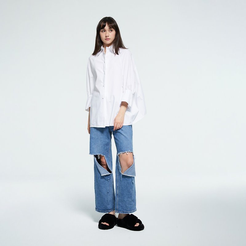 Designed Loose Shirt  White &amp;amp;amp;amp;amp; Black - Women's Shirts - Cotton & Hemp White
