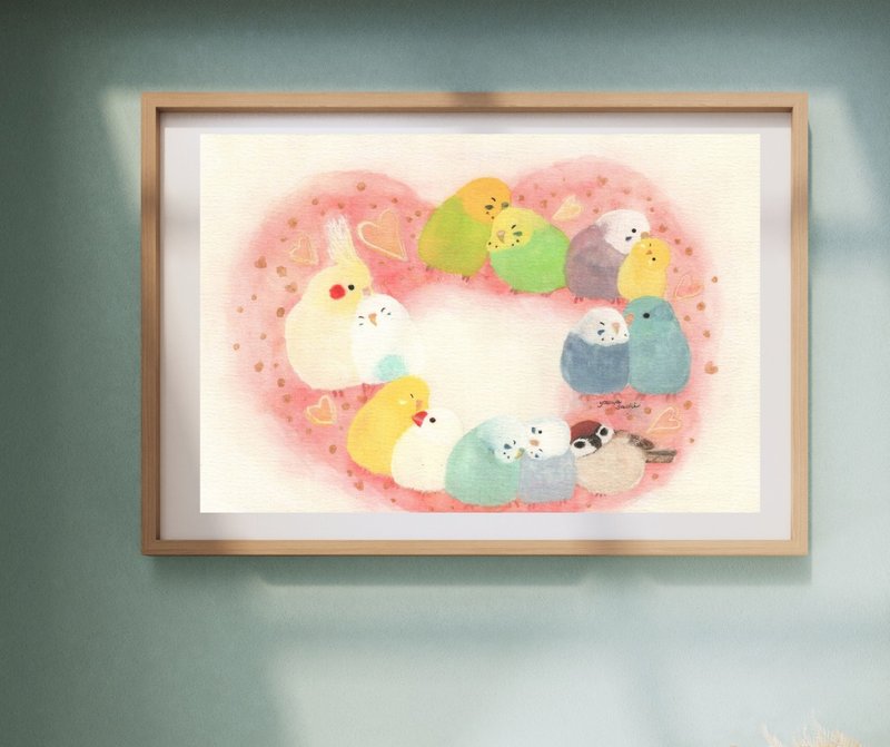 A4 羽繕いインコたち     花  自然 風景画  セキセイインコ スズメ 小鳥 鳥 野鳥 - 海報/掛畫/掛布 - 紙 粉紅色