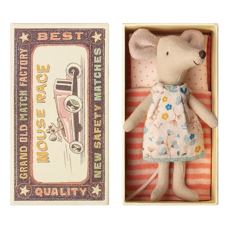 小碎花洋裝姐姐小鼠 含火柴盒 - 公仔模型 - 棉．麻 粉紅色