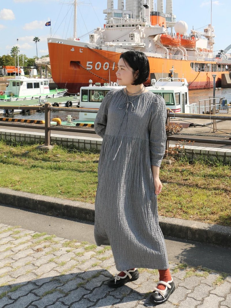 港口 - 細褶蓬袖連身裙 - 洋裝/連身裙 - 棉．麻 灰色