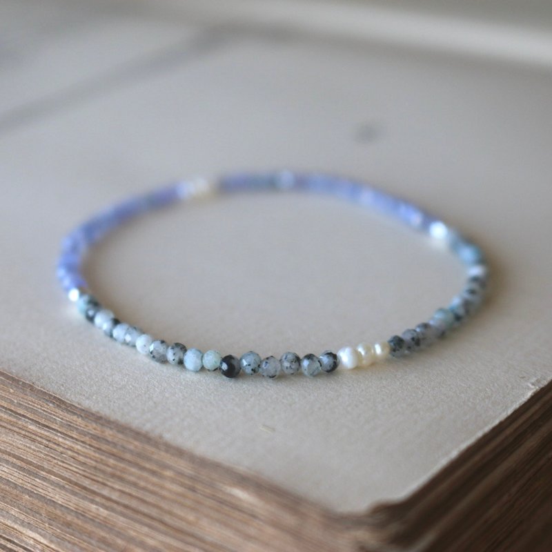 彈性手環 藍磷石 坦桑石 天然珍珠 - 好成績 - - 手鍊/手環 - 寶石 藍色