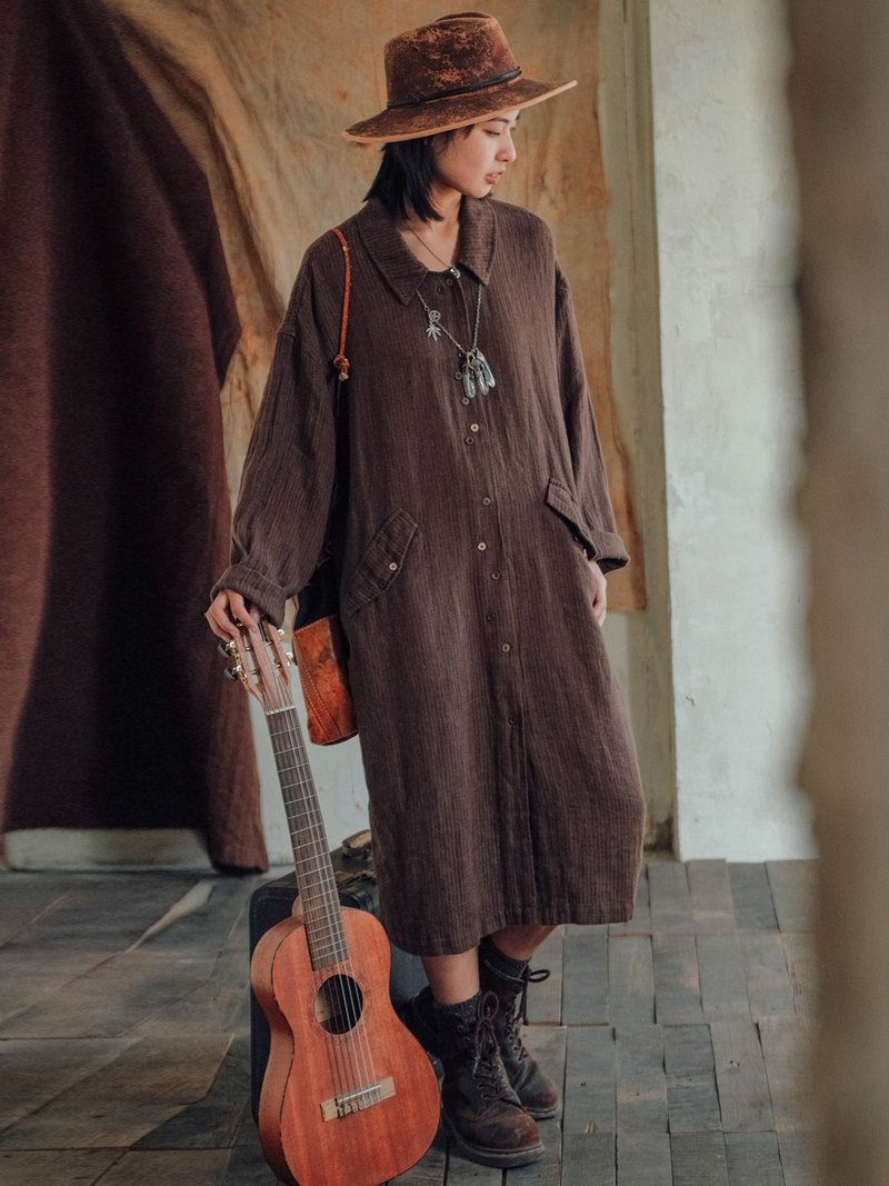 Walnut Brown Yarn-Dyed Linen Lapel Striped Loose Long-Sleeve Trench Coat - Women's Casual & Functional Jackets - Cotton & Hemp Brown