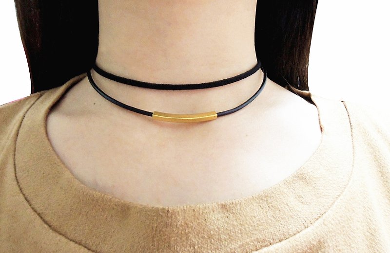 Double Choker , Leather Necklace , Brass - Necklaces - Genuine Leather Black