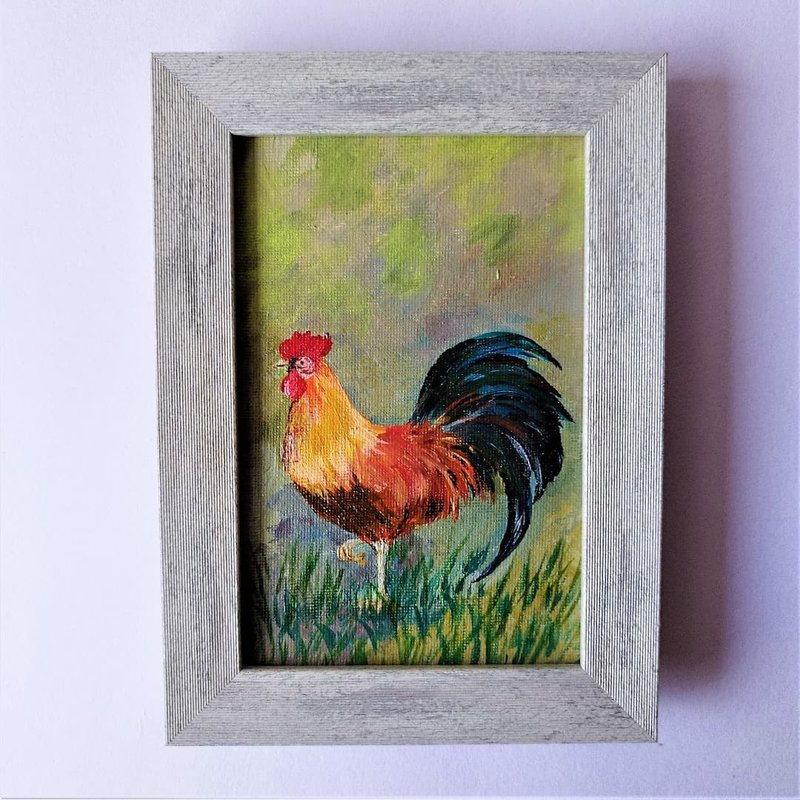 Bird wall art framed Rooster bird painting impasto small wall decoration 掛畫 - 壁貼/牆壁裝飾 - 壓克力 多色