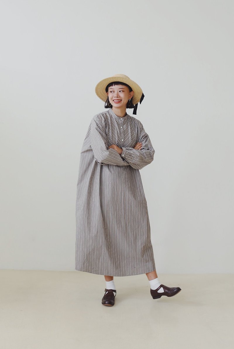 Nissan Yarn Yarn Striped Panel Shirt Skirt Open Front - ชุดเดรส - ผ้าฝ้าย/ผ้าลินิน สีเทา