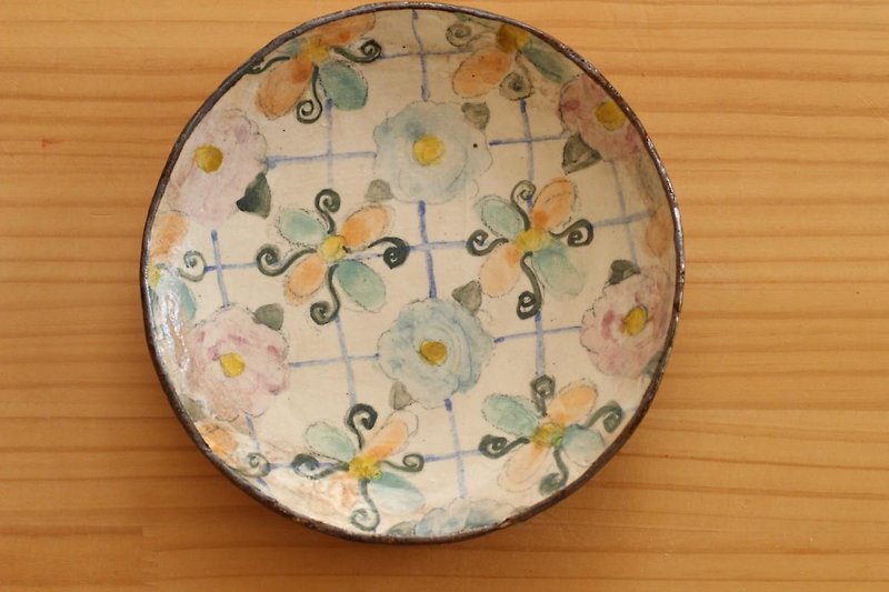 粉引きカラフルなお花のオーバル皿。 - 小皿 - 陶器 