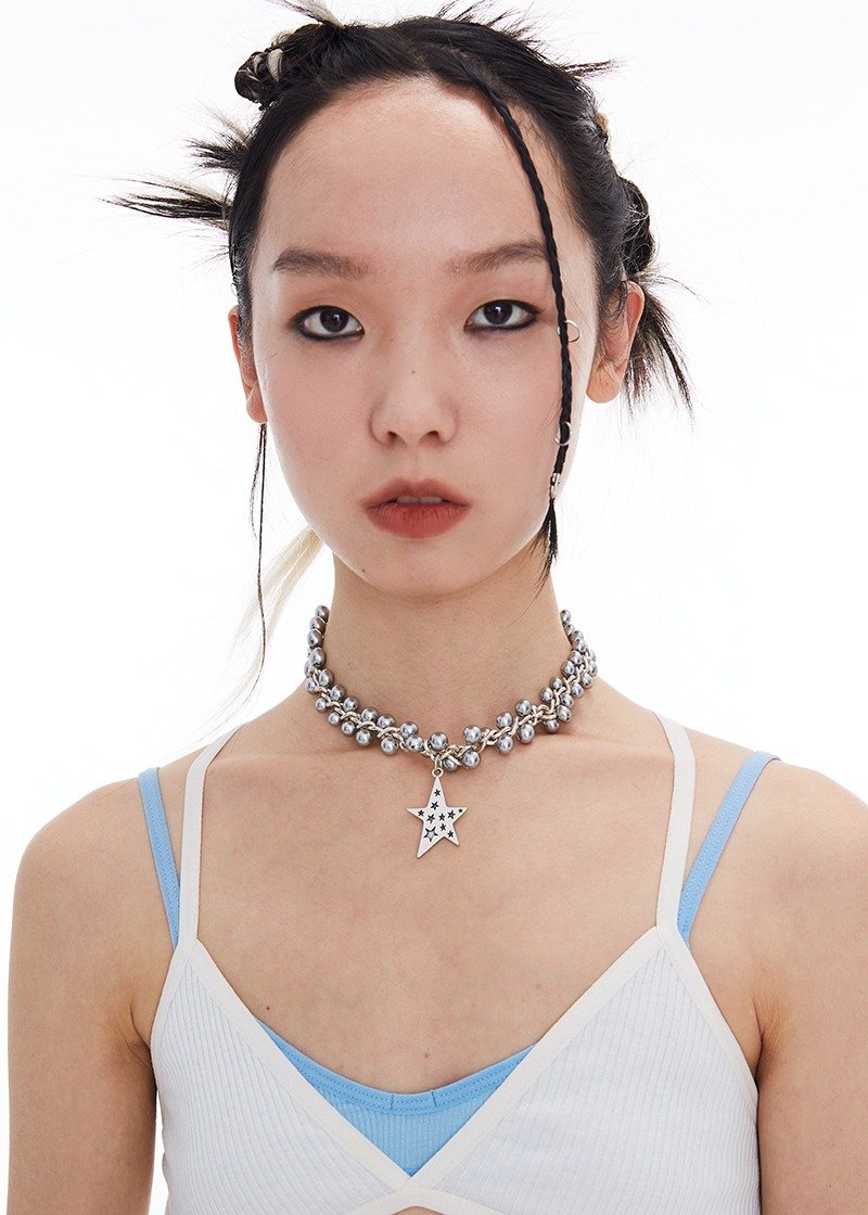 Juicy series old five-pointed star retro handmade pearl punk necklace unisex collarbone - Necklaces - Other Materials Silver