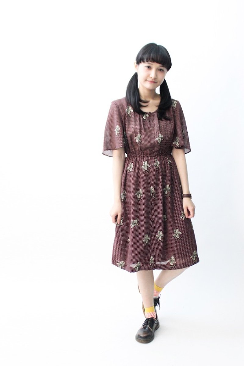 [] RE0504D689 little brownish red flowers loose short-sleeved vintage dress - One Piece Dresses - Other Materials Red