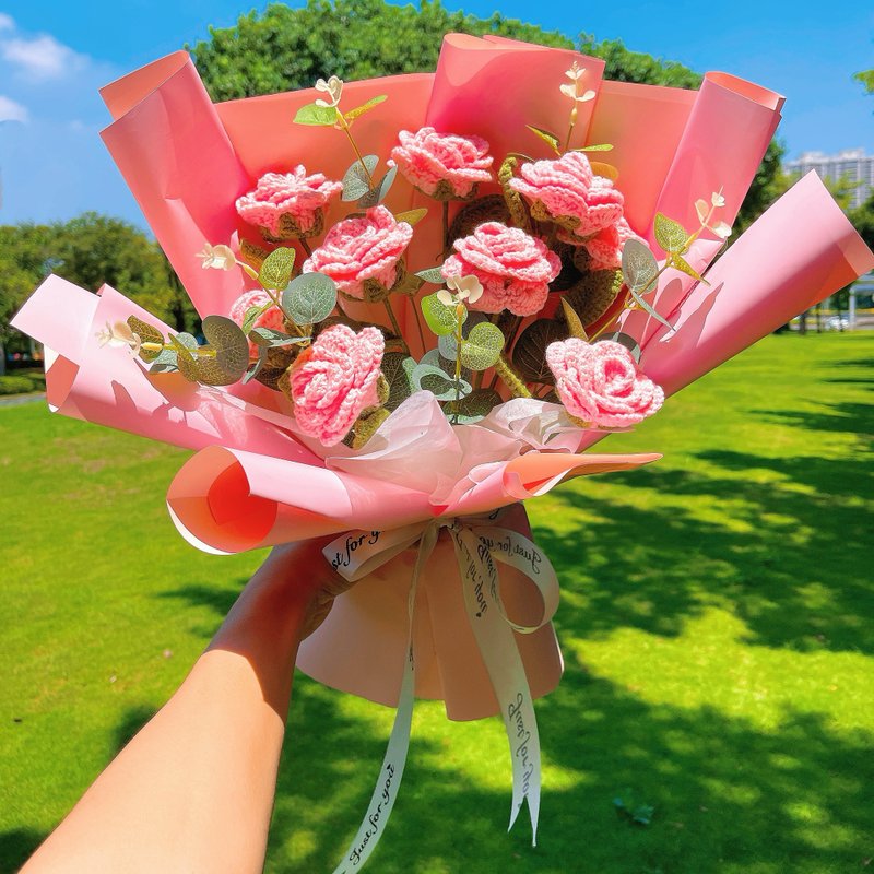 Handmade Crocheted Rosy Prosperity Bouquet - 9 Pristine Pinks - A Symbol of Eleg - Dried Flowers & Bouquets - Cotton & Hemp Pink