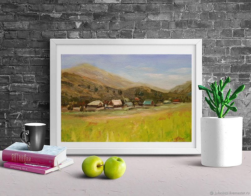 Farm painting with Blue Mountains Country decor Nature art Original Plein Air - Wall Décor - Other Materials Green