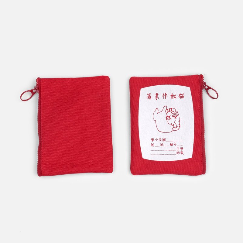 貓奴作業簿-絹印零錢包-虎斑貓/三花貓 - 零錢包/小錢包 - 棉．麻 紅色