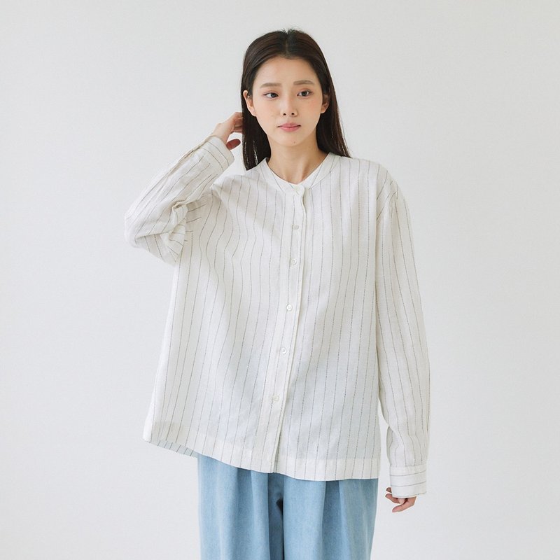 【Simply Yours】條紋棉麻長袖襯衫 白F - 女襯衫 - 棉．麻 白色