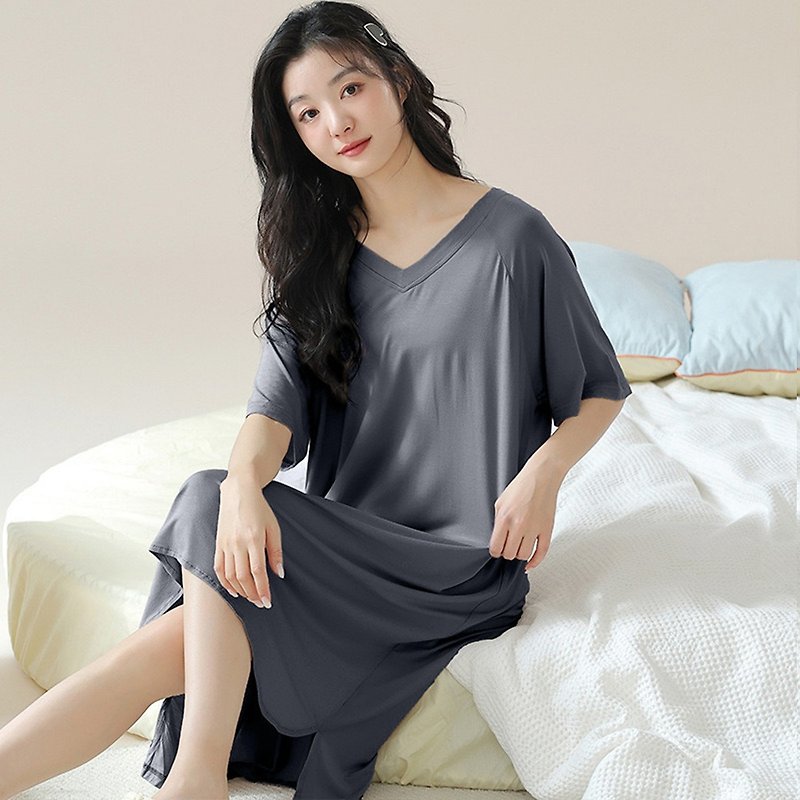 Pink Lady cup-style modal cotton soft nightgown plain off-shoulder short-sleeved one-piece pajamas home wear - Loungewear & Sleepwear - Other Man-Made Fibers Gray