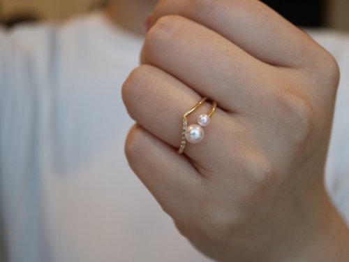 KOKO PEARL JEWELRY 日本直送 客製化 Akoya珍珠雙層疊代鑽石戒指 18k金 天然海水珍珠