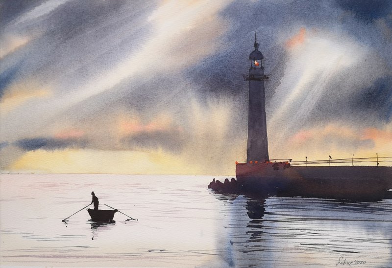 Lighthouse and sun rays - Original watercolor - ตกแต่งผนัง - กระดาษ 