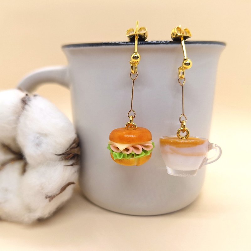 A pair of bagel set earrings for sale/pocket food/simulated food/simulated food/earrings/gifts - ต่างหู - ดินเหนียว สีนำ้ตาล