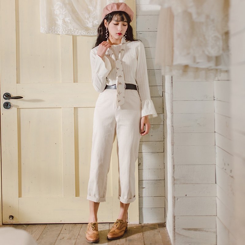 Anne Chen 2018 spring and summer new women's clothing trumpet sleeves shirt belt straight pants suit - เสื้อผู้หญิง - ผ้าฝ้าย/ผ้าลินิน ขาว