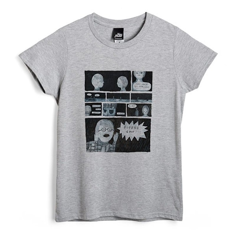 Come to my house to see DVD - deep gray - female version of T-shirt - เสื้อยืดผู้หญิง - ผ้าฝ้าย/ผ้าลินิน สีเทา