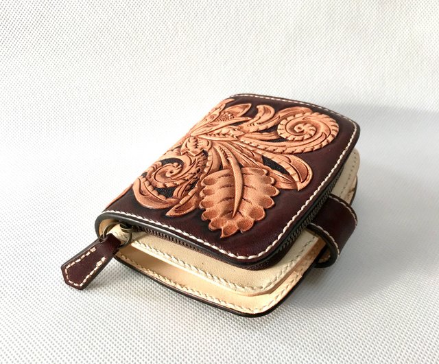 レザーカービング 革財布 レザーウォレット カービング 二つ折り